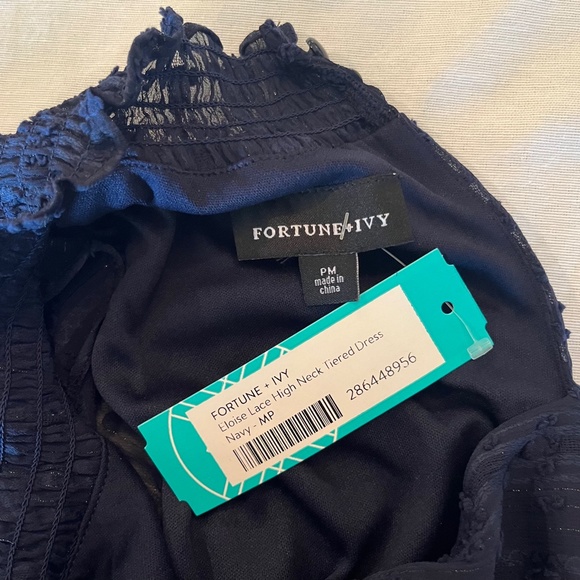 Dark blue, high neck, tier dress by Fortune and Ivy size MP w/ flutter sleeves - Picture 9 of 13